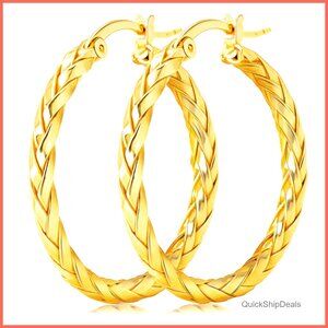 14K Gold Hoop Earrings 30mm Weave Design Hypoallergenic Snap Closure